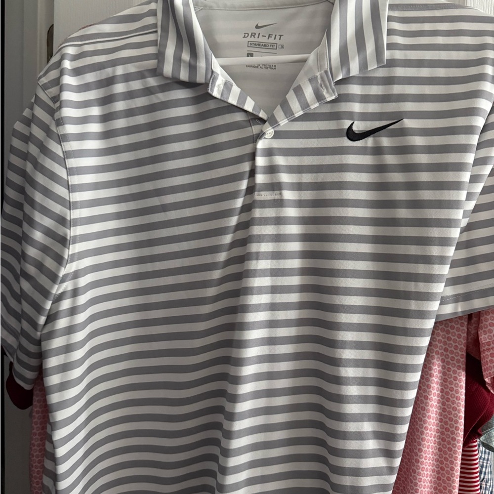 Nike Men's White and Gray Striped Polo Shirt